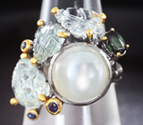 Серебряное кольцо с лунным камнем, резными бериллами, зеленым турмалином и синими сапфирами Серебро 925