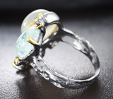 Серебряное кольцо с лунным камнем, резными бериллами, зеленым турмалином и синими сапфирами Серебро 925