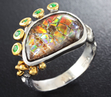 Серебряное кольцо с аммолитом аммонита и цаворитами