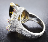Серебряное кольцо с крупным цитрином и родолитами
