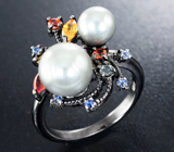 Черненое серебряное кольцо с жемчугом и разноцветными сапфирами Серебро 925