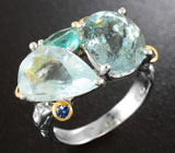 Серебряное кольцо с аквамаринами, зеленым бериллом и синими сапфирами Серебро 925