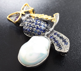 Серебряная брошь «Сова» с жемчужиной барокко, аметистами и синими сапфирами