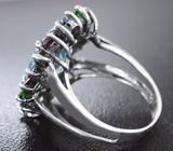 Эффектное серебряное кольцо с голубым топазом, диопсидами, танзанитами и родолитами Серебро 925