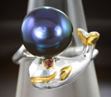 Серебряное кольцо с цветной жемчужиной и родолитом Серебро 925