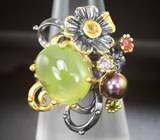 Сеербряное кольцо с пренитом, цветным жемчугом, диопсидом, аметистом, оранжевым и желтым сапфирами Серебро 925
