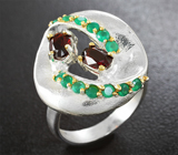 Серебряное кольцо с мозамбикскими гранатами и зелеными агатами Серебро 925