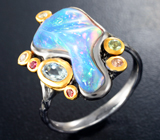 Серебряное кольцо с кристаллическим эфиопским опалом, голубым топазом и разноцветными сапфирами  Серебро 925
