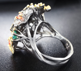 Серебряное кольцо с ограненным черным опалом 2,52 карата, изумрудами, оранжевыми и синими сапфирами Серебро 925