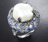 Серебряное кольцо с жемчужиной барокко, синими сапфирами и танзанитами Серебро 925