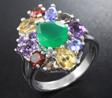 Праздничное серебряное кольцо с зеленым агатом и самоцветами Серебро 925