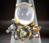 Серебряное кольцо с розовым кварцем, перидотом и аметистами Серебро 925