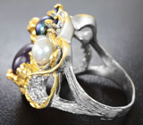 Серебряное кольцо с аметистом, жемчугом и синими сапфирами Серебро 925