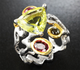 Серебряное кольцо с лимонным цитрином, турмалинами и цаворитом
