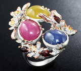 Серебряное кольцо с разноцветными сапфирами и мозамбикскими гранатами Серебро 925