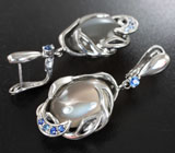 Серебряные серьги с лунным камнем с эффектом кошачьего глаза 29,22 карата и синими сапфирами Серебро 925