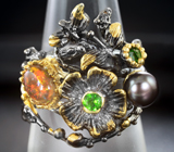 Серебряное кольцо с кристаллическим эфиопским опалом, цветным жемчугом и диопсидами Серебро 925
