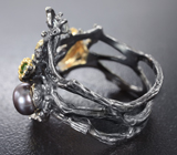 Серебряное кольцо с кристаллическим эфиопским опалом, цветным жемчугом и диопсидами Серебро 925