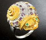 Серебряное кольцо «Улитка» с родолитами и изумрудами Серебро 925
