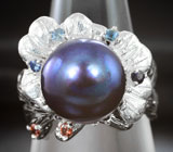 Серебряное кольцо с цветной жемчужиной, синими сапфирами и гранатами Серебро 925