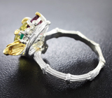 Серебряное кольцо с лимонным цитрином авторской огранки, родолитом и хризопразом Серебро 925
