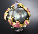 Серебряное кольцо с цветной жемчужиной барокко, сапфирами и зелеными агатами Серебро 925