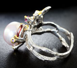 Серебряное кольцо с жемчужиной, родолитами и аметистами Серебро 925