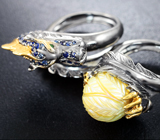 Серебряное кольцо на два пальца с резным морским жемчугом, синими сапфирами и цаворитами Серебро 925