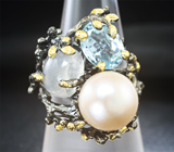 Серебряное кольцо с жемчужиной, голубым топазом и лунным камнем