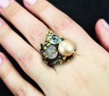 Серебряное кольцо с жемчужиной, голубым топазом и лунным камнем Серебро 925