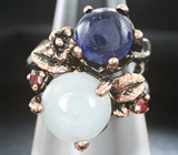 Серебряное кольцо с жадом, синим и оранжево-красным сапфирами Серебро 925