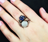 Серебряное кольцо с жадом, синим и оранжево-красным сапфирами Серебро 925