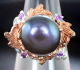 Серебряное кольцо с цветной жемчужиной и аметистами Серебро 925