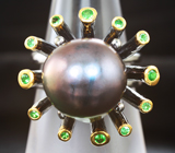 Серебряное кольцо с цветным жемчугом 28,35 карата и цаворитами Серебро 925