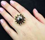 Серебряное кольцо с цветным жемчугом 28,35 карата и цаворитами Серебро 925