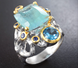 Серебряное кольцо с аквамарином 8,4 карата, топазом и синими сапфирами Серебро 925