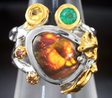 Серебряное кольцо с мексиканским огненным агатом, изумрудом, цитрином и сапфирами Серебро 925