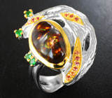 Серебряное кольцо с мексиканским агатом, диопсидами и оранжевыми сапфирами
