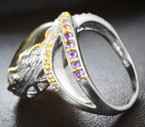 Серебряное кольцо с кабошоном сапфира 30+ карат и аметистами Серебро 925
