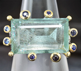 Серебряное кольцо с голубовато-зеленым бериллом 9,27 карата и синими сапфирами Серебро 925