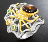 Серебряное кольцо с мексиканским огненным агатом, золотистым сапфиром и диопсидами Серебро 925