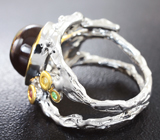 Серебряное кольцо с мексиканским огненным агатом, сапфирами и цаворитом Серебро 925