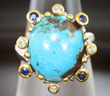 Серебряное кольцо с аризонской бирюзой 16,11 карата, синими сапфирами и бесцветными топазами Серебро 925