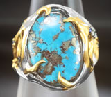 Серебряное кольцо с бирюзой 7,73 карата с включениями пирита и синими сапфирами Серебро 925