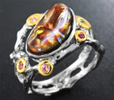 Серебряное кольцо с мексиканским огненным агатом и сапфирами Серебро 925