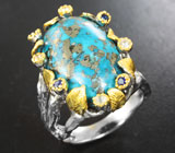 Серебряное кольцо с бирюзой 14,8 карата с включениями пирита, топазами и синими сапфирами Серебро 925