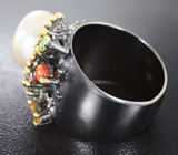 Серебряные кольцо с жемчужиной и самоцветами