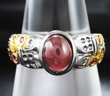 Серебряное кольцо с кабошоном рубина 3,07 карата и сапфирами Серебро 925
