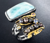 Серебряное кольцо с ларимаром 10,16 карата, цветным жемчугом и танзанитами Серебро 925