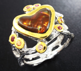 Серебряное кольцо с мексиканским огненным агатом и оранжевыми сапфирами